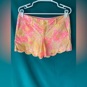Lilly Pulitzer Buttercup Pink & Yellow Floral High Waist Shorts w/scalloped hem